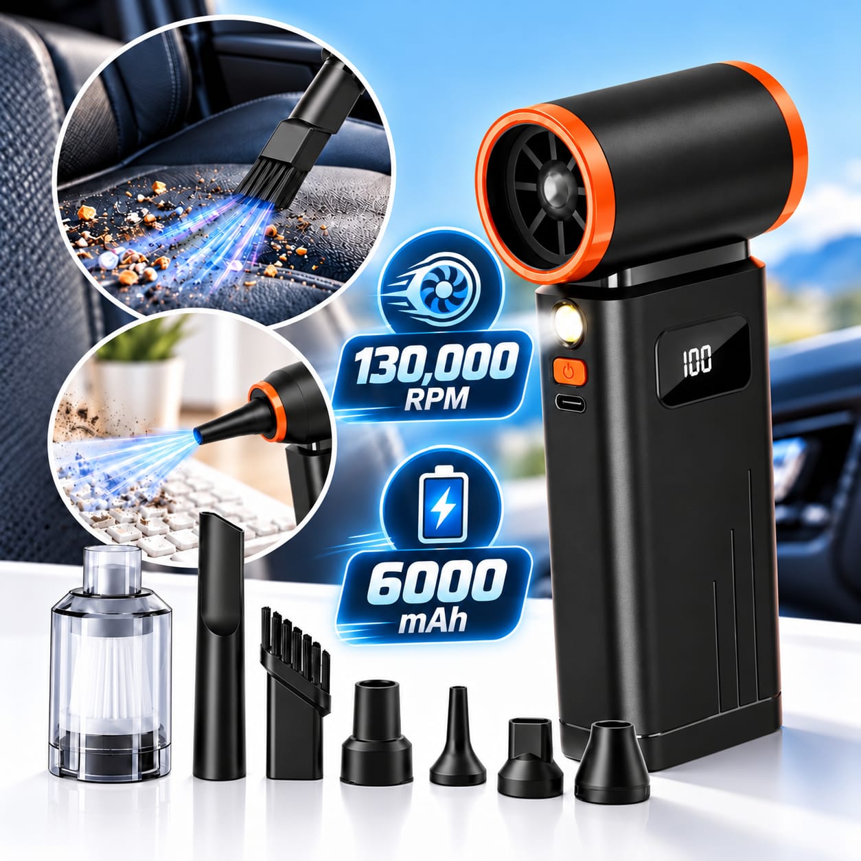 2-in-1 Turbo Air Blower & Vacuum Cleaner – 130,000 RPM, Adjustable Speed, 6000mAh Rechargeable Battery