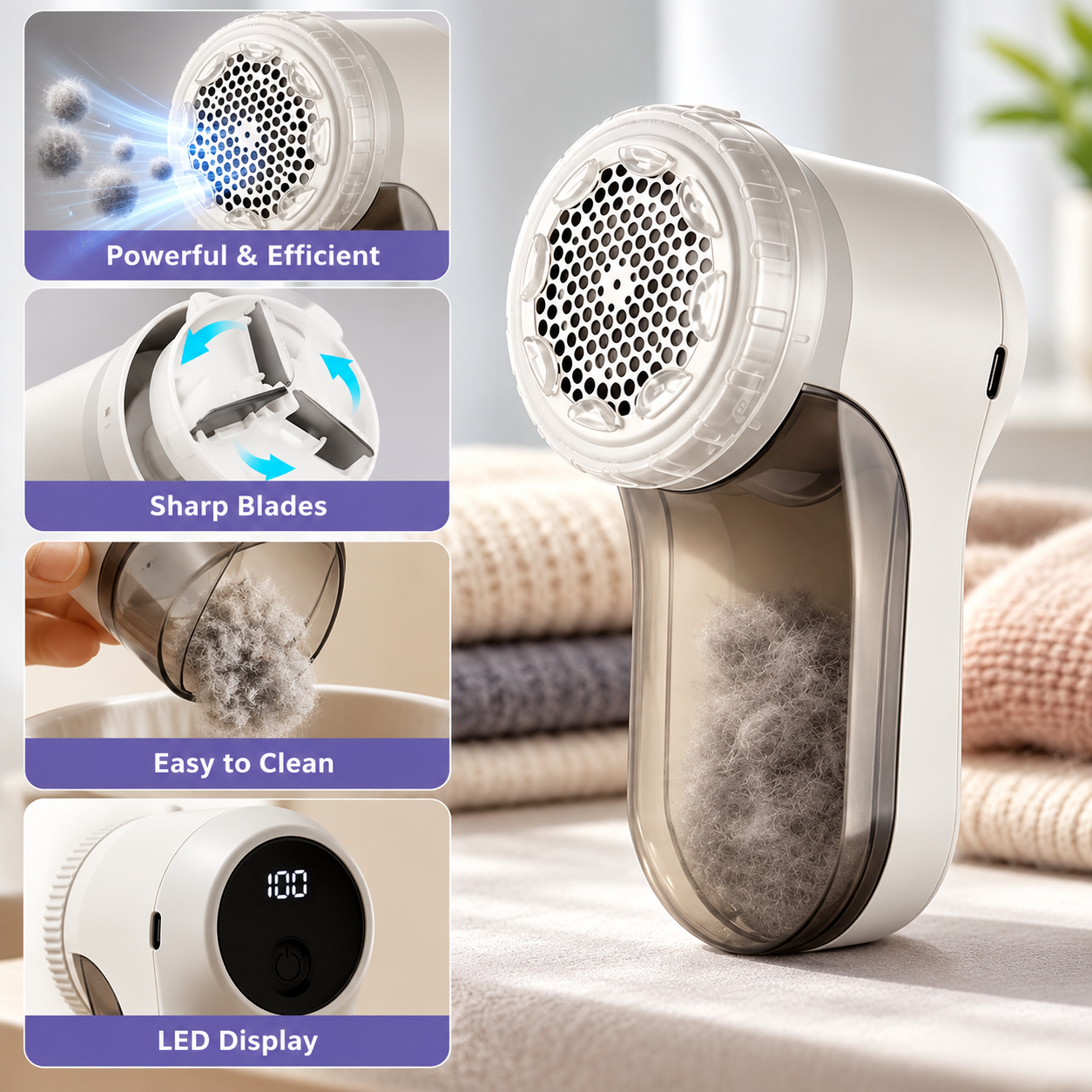 Rechargeable Electric Lint Remover & Fabric Shaver with LED Display – 3 Adjustable Speed Levels