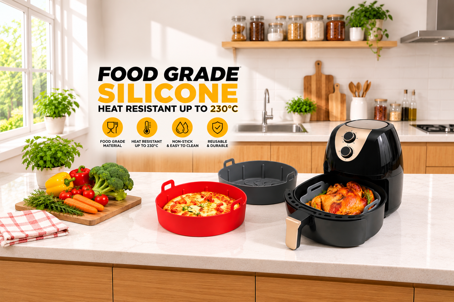 19 cm Silicone Air Fryer Round Basket with Handles – Reusable, Non-Stick & Easy to Clean (BPA Free, FDA Certified)