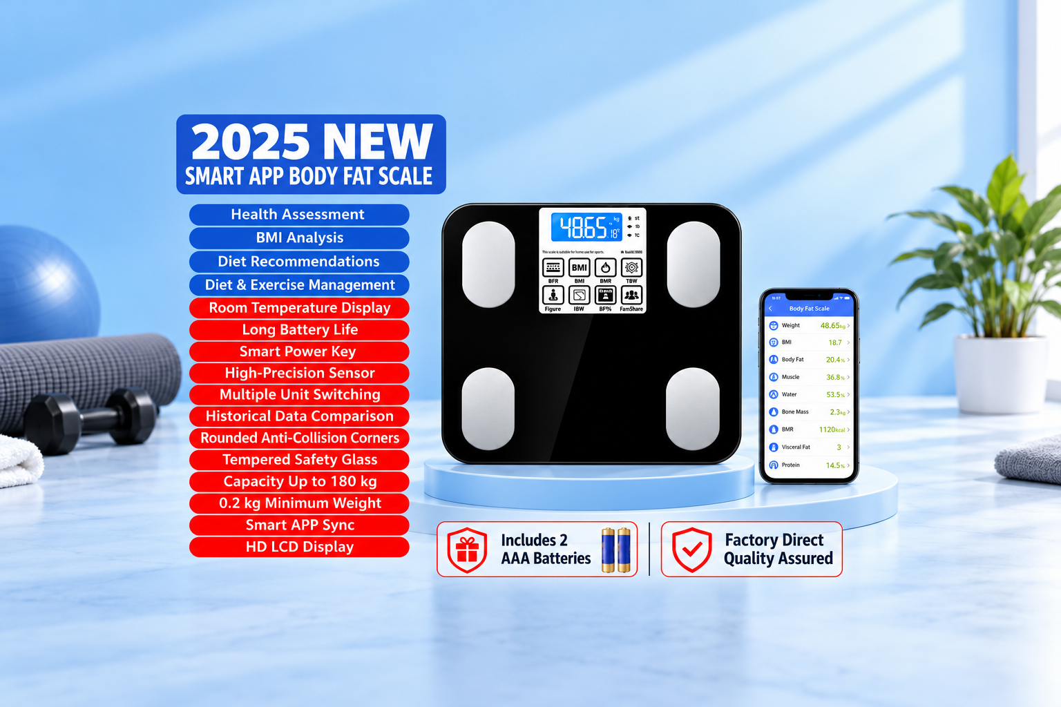 Smart Bluetooth Body Fat Scale with Digital LCD Display & App Connectivity